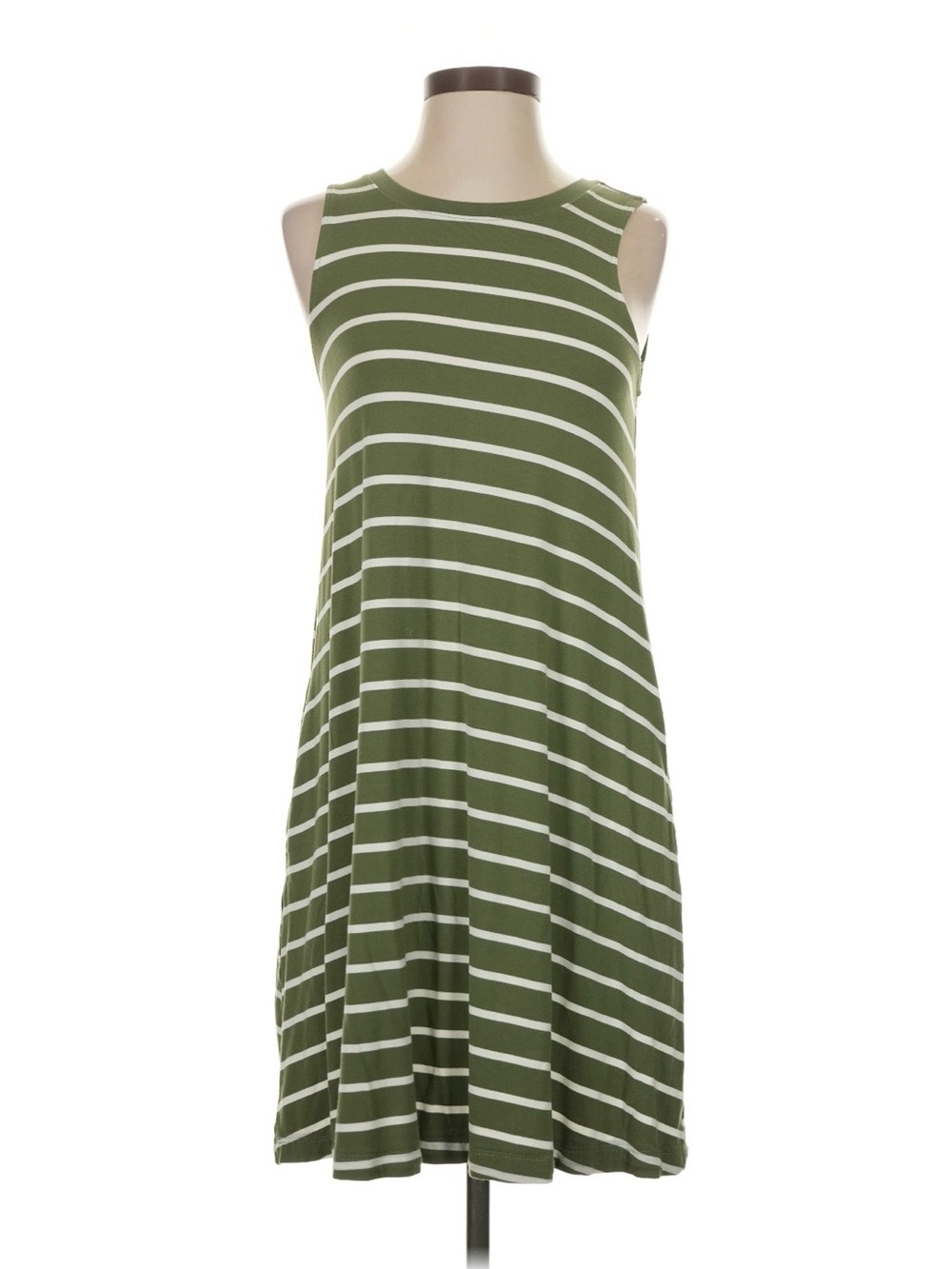 Time and Tru Olive Green & White Striped Sleeveless Swing Dress